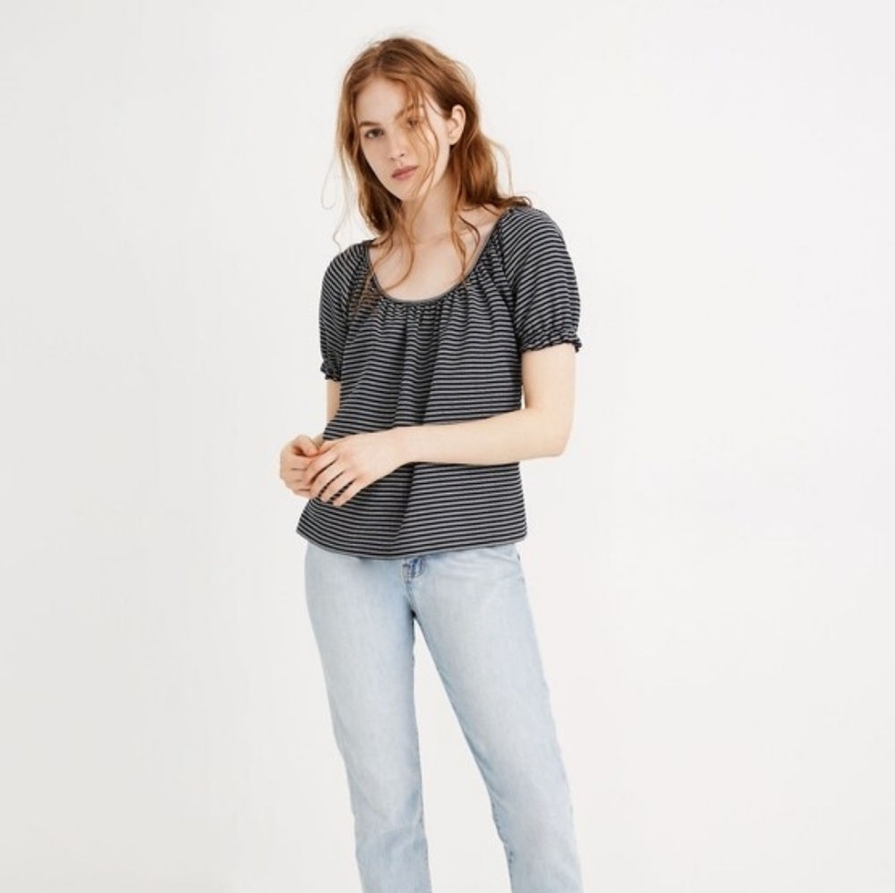 Madewell Texture & Thread Peasant Top, Color Deep Navy Ellis Stripe Size XXS